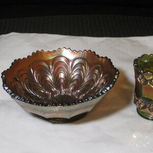 2 Carnival Glass a) Fenton Marigold Peacock Tail 5.25" Scalloped Edge Footed Bow